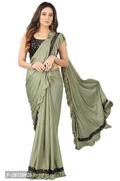 Dhyey fashion Women's Olive Lycra Blend Ruffle Pattern Ready To Wear Saree With Velvet Unstitched Blouse Piece-thumb0