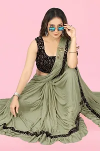 Dhyey fashion Women's Olive Lycra Blend Ruffle Pattern Ready To Wear Saree With Velvet Unstitched Blouse Piece-thumb4