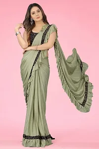 Dhyey fashion Women's Olive Lycra Blend Ruffle Pattern Ready To Wear Saree With Velvet Unstitched Blouse Piece-thumb1