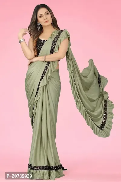 Dhyey fashion Women's Olive Lycra Blend Ruffle Pattern Ready To Wear Saree With Velvet Unstitched Blouse Piece-thumb2