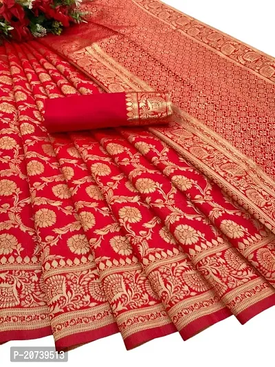 Dhyey fashion Banarasi Jacquard Work Saree With Blouse For Women (Red)