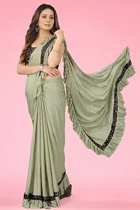 Dhyey fashion Women's Olive Lycra Blend Ruffle Pattern Ready To Wear Saree With Velvet Unstitched Blouse Piece-thumb2