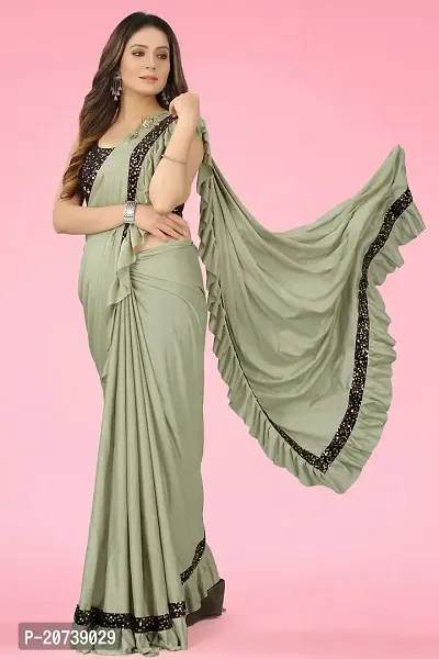 Dhyey fashion Women's Olive Lycra Blend Ruffle Pattern Ready To Wear Saree With Velvet Unstitched Blouse Piece-thumb3