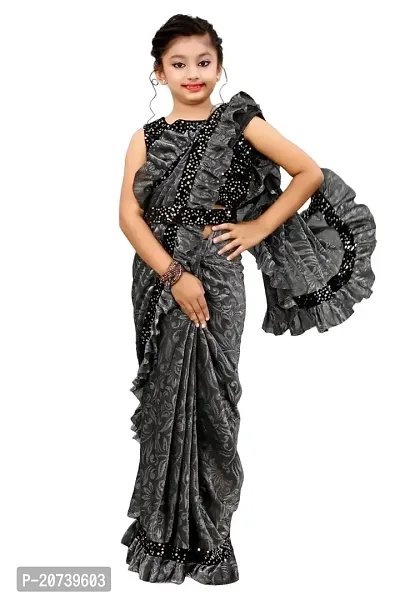 Dhyey fashion Lycra Foil Print Kids Ruffal Saree With Unstiched Velvet Blouse.