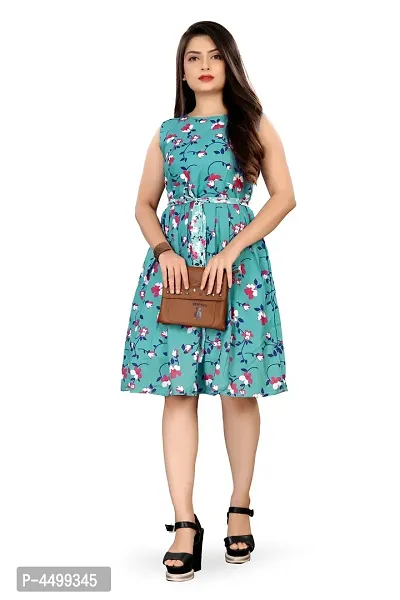 Stylish Blue Crepe Printed Knee Length Dress For Women