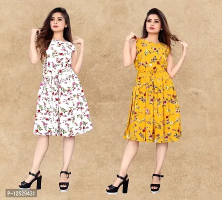 Stylish Fancy Crepe Printed Knee Length Fit And Flare Dress For Women
