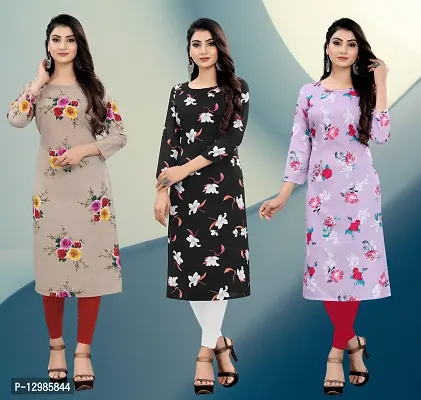 Stylish Multicoloured Crepe Printed Straight Kurti Combo For Women Pack Of 3
