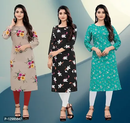Stylish Multicoloured Crepe Printed Straight Kurti Combo For Women Pack Of 3