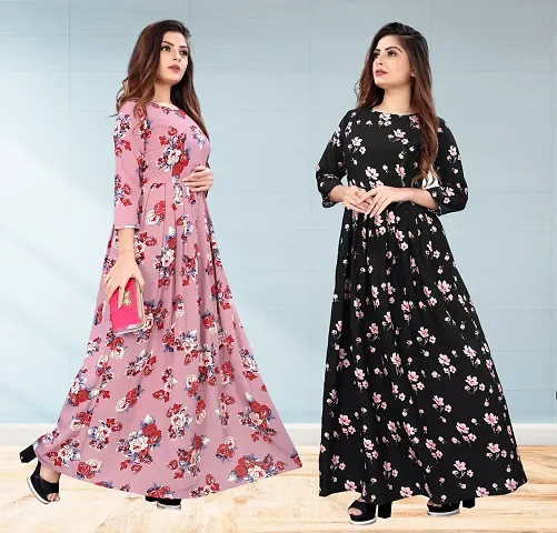 Floral Printed Long Poly Crepe Women's Gown Combo Vol-1