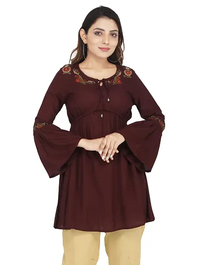 LOCAL VOCAL Women's Rayon Regular Fit Round Neck Embroidered Tunic Top(18293-Chocolate Brown_XL)