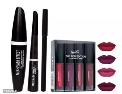 Stylish 4 Lipstick ,Kajal , 2 Eyelienermakeup For All Skin Type Pack of 7-thumb0