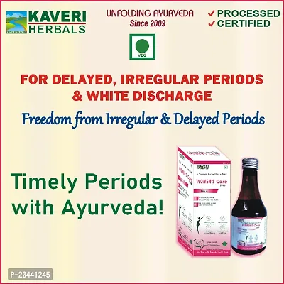 Kaveri Herbals Veg. Women's Care Syrup for Irregular, Delayed Periods, White Discharge (Leucorrhoea ), Hormonal Balance, Period Cramps, Pelvic Pain Ayurvedic 400ml-thumb3