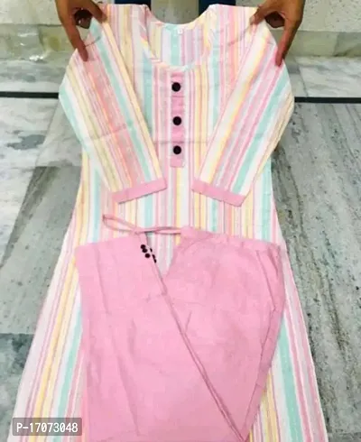 Stylish Pink Cotton Striped Kurta, Bottom and Dupatta Set For Women-thumb0
