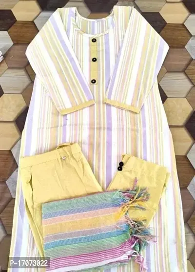 Stylish Yellow Cotton Striped Kurta, Bottom and Dupatta Set For Women-thumb0