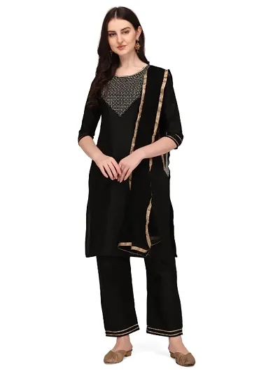 Ketotifen Women's Embroidered Rayon Ethnic Wear 3/4 Sleeve Round Neck Latest Kurti Pant Dupatta Set (G_D_31072055)