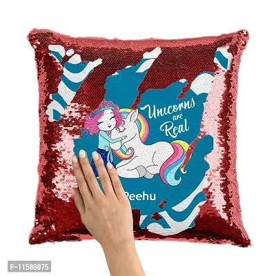 ASHVAH Peehu Name Unicorn Red Sequins Magic Cushion Cover with Filler - Best Happy Birthday Gift for Daughter, Sister, Gift for Kids, Return Gift - Color - Blue - Size - 16 x 16 inches