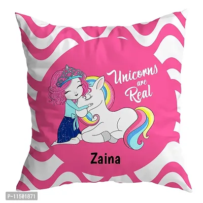 ASHVAH Zaina Name Unicorn Cushion Cover with Filler - Best Happy Birthday Gift for Daughter, Sister, Gift for Kids, Return Gift - Color - Pink - Size - 12 x 12 inches