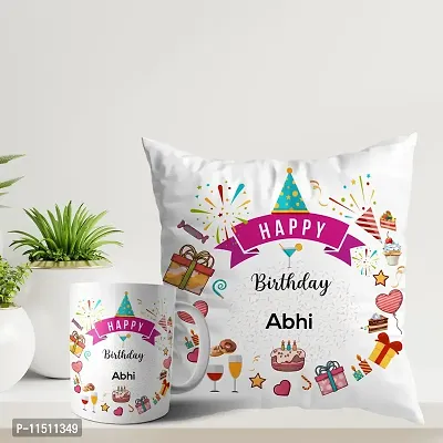 ASHVAH Happy Birthday Abhi Coffee Mug and Cushion Combo Gift (Pack of 2) for Son, Brother, Boyfriend, Husband, Friend, Name - Abhi-thumb0
