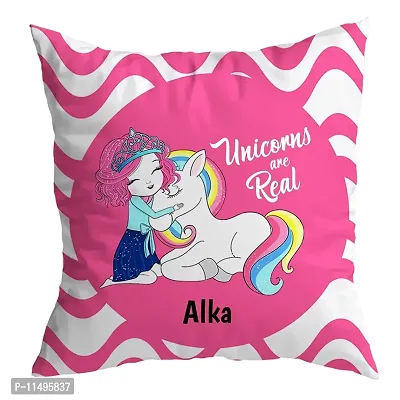 ASHVAH Alka Name Unicorn Cushion Cover with Filler - Best Happy Birthday Gift for Daughter, Sister, Gift for Kids, Return Gift - Color - Pink - Size - 12 x 12 inches