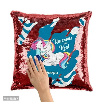 ASHVAH Deepu Name Unicorn Red Sequins Magic Cushion Cover with Filler - Best Happy Birthday Gift for Daughter, Sister, Gift for Kids, Return Gift - Color - Blue - Size - 16 x 16 inches