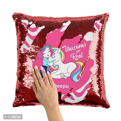 ASHVAH Deepu Name Unicorn Red Sequins Magic Cushion Cover with Filler - Best Happy Birthday Gift for Daughter, Sister, Gift for Kids, Return Gift - Color - Pink - Size - 16 x 16 inches