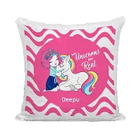 ASHVAH Deepu Name Unicorn Red Sequins Magic Cushion Cover with Filler - Best Happy Birthday Gift for Daughter, Sister, Gift for Kids, Return Gift - Color - Pink - Size - 16 x 16 inches-thumb1