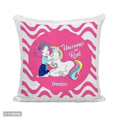 ASHVAH Deepu Name Unicorn Red Sequins Magic Cushion Cover with Filler - Best Happy Birthday Gift for Daughter, Sister, Gift for Kids, Return Gift - Color - Pink - Size - 16 x 16 inches-thumb2