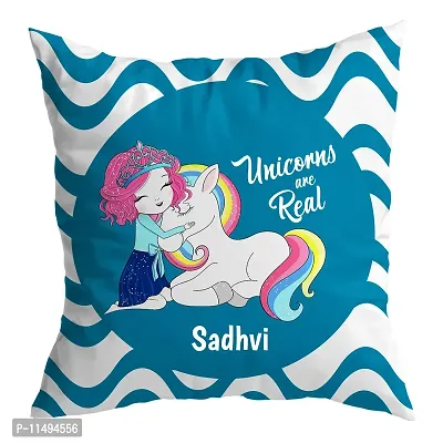 ASHVAH Sadhvi Name Unicorn Cushion Cover with Filler - Best Happy Birthday Gift for Daughter, Sister, Gift for Kids, Return Gift - Color - Blue - Size - 12 x 12 inches-thumb0