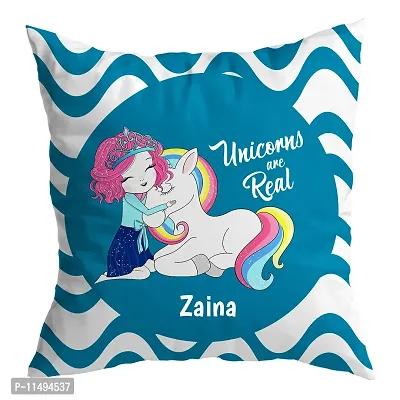 ASHVAH Zaina Name Unicorn Cushion Cover with Filler - Best Happy Birthday Gift for Daughter, Sister, Gift for Kids, Return Gift - Color - Blue - Size - 12 x 12 inches