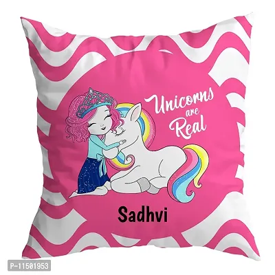 ASHVAH Sadhvi Name Unicorn Cushion Cover with Filler - Best Happy Birthday Gift for Daughter, Sister, Gift for Kids, Return Gift - Color - Pink - Size - 12 x 12 inches-thumb0