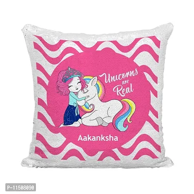 ASHVAH Aakanksha Name Unicorn Red Sequins Magic Cushion Cover with Filler - Best Happy Birthday Gift for Daughter, Sister, Gift for Kids, Return Gift - Color - Pink - Size - 16 x 16 inches-thumb2