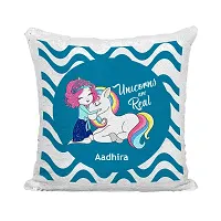 ASHVAH Aadhira Name Unicorn Red Sequins Magic Cushion Cover with Filler - Best Happy Birthday Gift for Daughter, Sister, Gift for Kids, Return Gift - Color - Blue - Size - 16 x 16 inches-thumb1