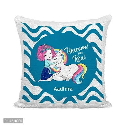 ASHVAH Aadhira Name Unicorn Red Sequins Magic Cushion Cover with Filler - Best Happy Birthday Gift for Daughter, Sister, Gift for Kids, Return Gift - Color - Blue - Size - 16 x 16 inches-thumb2