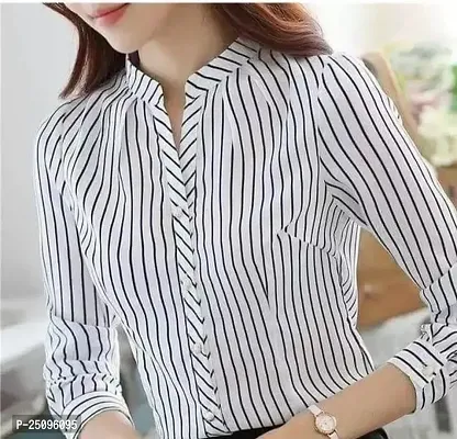 Trendy White Cotton Blend Striped Shirt For Women
