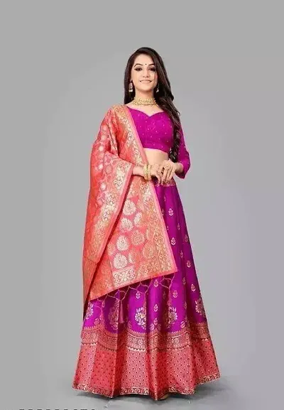 DISHWA FASHION Banarasi Semi Stitched Lehenga Choli With Dupatta For Women Ideal For Weddings Family Functions Self Design Lehenga Choli