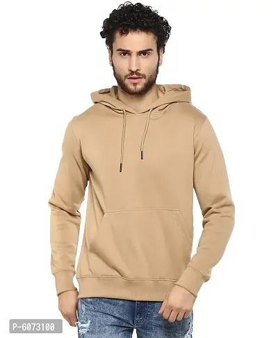Stylish Cotton Beige Solid Long Sleeves Hooded Sweatshirt For Men