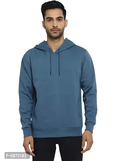 Stylish Cotton Blue Solid Long Sleeves Hooded Sweatshirt For Men