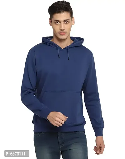 Stylish Cotton Navy Blue Solid Long Sleeves Hooded Sweatshirt For Men-thumb0