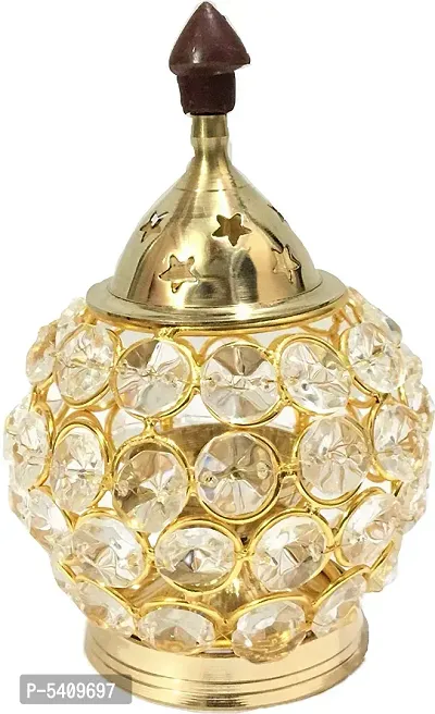 Pure Brass and Crystal Matki Akhand Diya Golden Pooja Oil Lamp Crystal Deepak 5.5 inch-thumb0