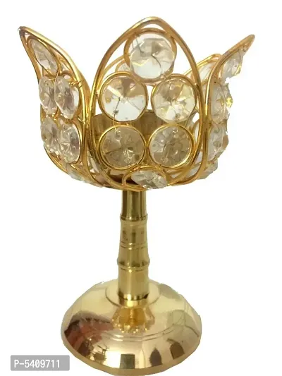 Beautiful Pure Brass and Crystal Lotus Shape Golden Diya with stand Kamal Diya Pooja Oil Lamp
6  inch