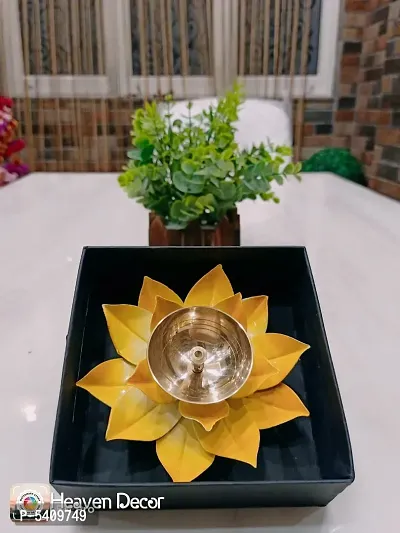 Brass and MS Lotus Diya Yellow color Kamalpatta Diya with Beautiful Black Fancy Gift Box
5 inch-thumb3