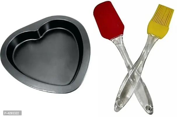 Non Stick Coated Heart Shape Baking Mould with Reusable Silicone Brush and Spatula Baking Combo Set