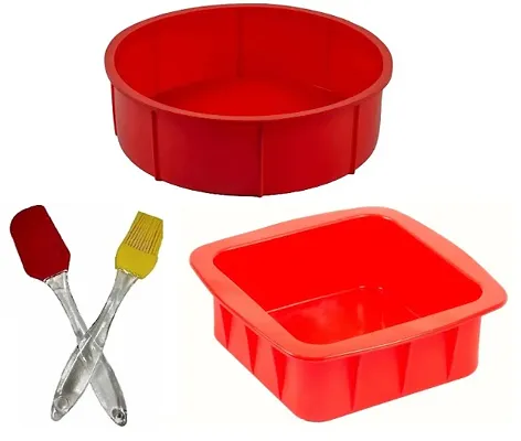 Silicone Square Round Cake Baking Mould Combo Set with Brush Icing Spatula Combo Set