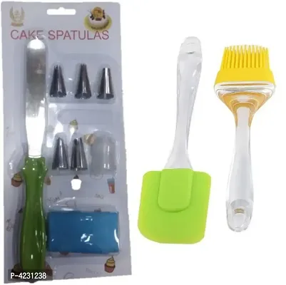 Combo Set of Stainless Steel Icing Pallet Knife, Nozzles, Icing Bag with Silicone Brush and Spatula Kitchen Baking Tools