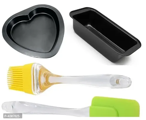 Non Stick Cake Baking Combo Set of Heart Shape Mould, Bread Loaf Mould with Reusable Silicone Brush and Spatula