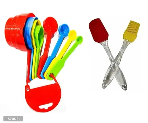 Plastic 8pc Measuring Cups and Spoons Set with Silicone Brush Spatula Set Baking Tool Accessory Combo Set-thumb0