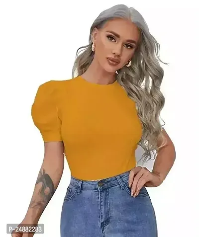 Elegant Yellow Lycra Solid Crop Length Top For Women-thumb0