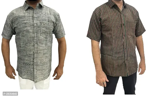 Fancy Khadi Cotton Short Sleeves Casual Shirt For Men Pack Of 2-thumb0