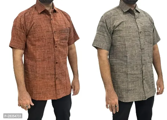 Fancy Khadi Cotton Short Sleeves Casual Shirt For Men Pack Of 2-thumb0