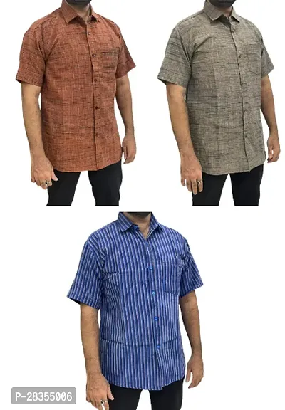 Fancy Khadi Cotton Short Sleeves Casual Shirt For Men Pack Of 3-thumb0